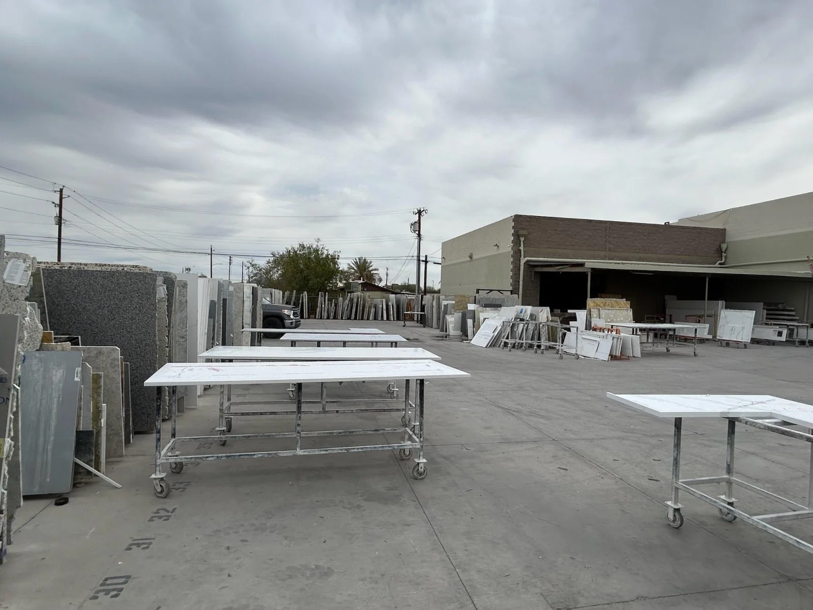 Granite, marble and quartz slabs racked in the Countertop Rock stone yard